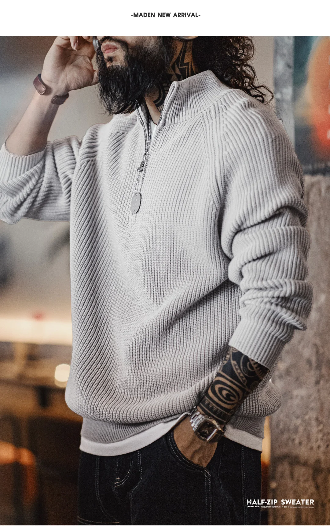 Maden Vintage Half-Zip Stand Collar Knitted Sweater Solid Color Warm Pullover for Men's Autumn and Winter Versatile Knitwear
