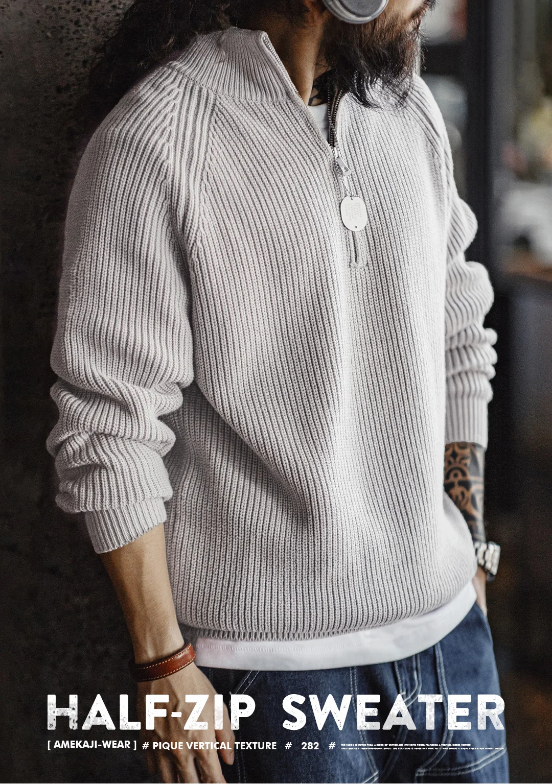 Maden Vintage Half-Zip Stand Collar Knitted Sweater Solid Color Warm Pullover for Men's Autumn and Winter Versatile Knitwear