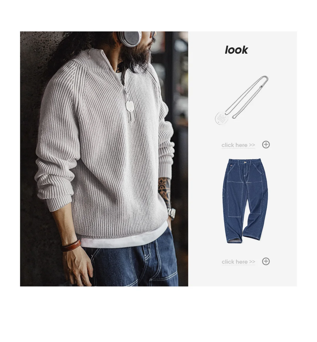 Maden Vintage Half-Zip Stand Collar Knitted Sweater Solid Color Warm Pullover for Men's Autumn and Winter Versatile Knitwear