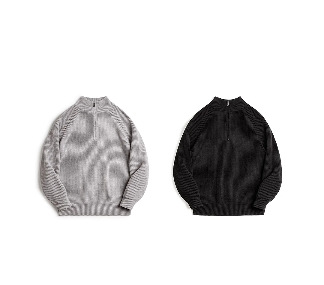 Maden Vintage Half-Zip Stand Collar Knitted Sweater Solid Color Warm Pullover for Men's Autumn and Winter Versatile Knitwear