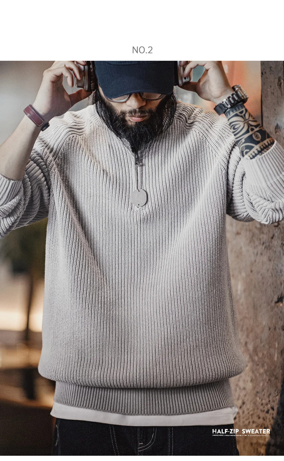 Maden Vintage Half-Zip Stand Collar Knitted Sweater Solid Color Warm Pullover for Men's Autumn and Winter Versatile Knitwear