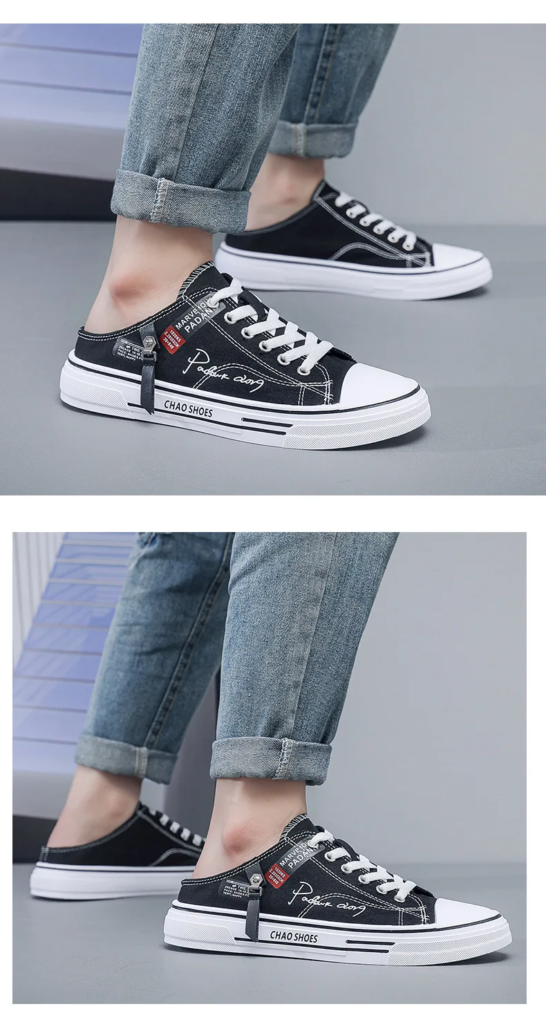 Trend Designers Men's Half Slippers Summer Man Vulcanized Shoes Non Slip Wear Resistant Canvas Shoes Shallow Mouth Shoes for Men