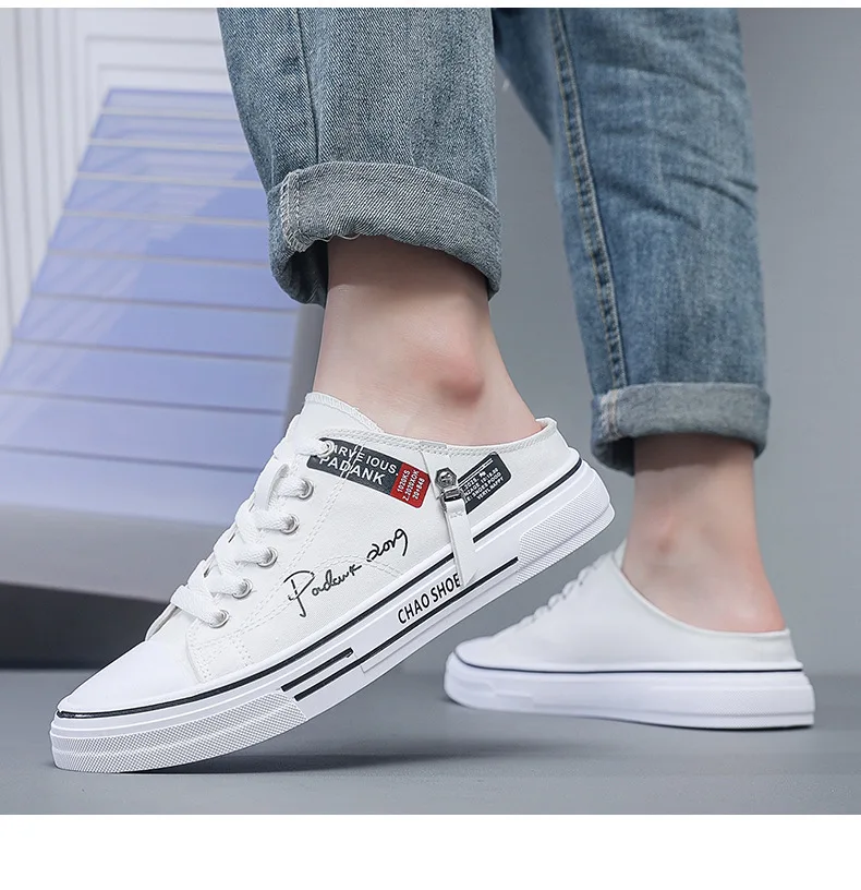 Trend Designers Men's Half Slippers Summer Man Vulcanized Shoes Non Slip Wear Resistant Canvas Shoes Shallow Mouth Shoes for Men