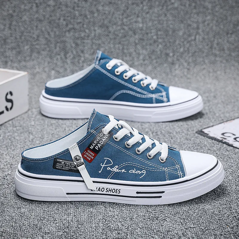 Trend Designers Men's Half Slippers Summer Man Vulcanized Shoes Non Slip Wear Resistant Canvas Shoes Shallow Mouth Shoes for Men