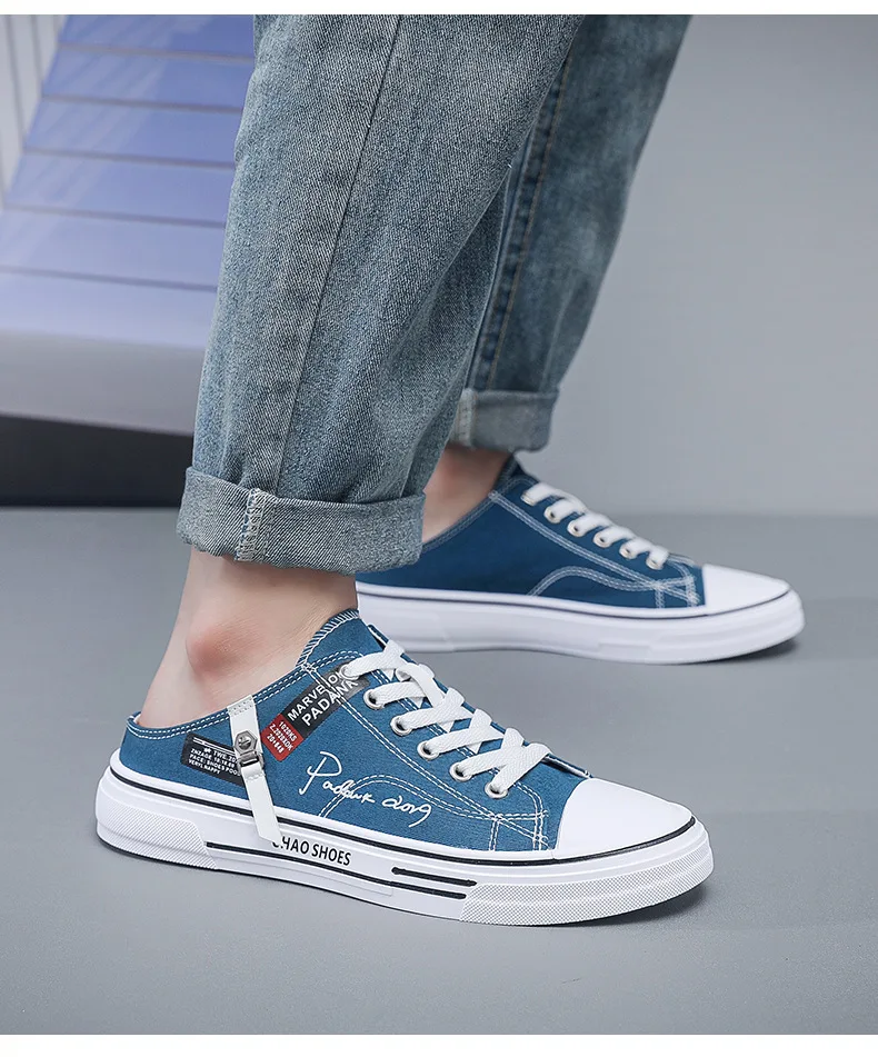 Trend Designers Men's Half Slippers Summer Man Vulcanized Shoes Non Slip Wear Resistant Canvas Shoes Shallow Mouth Shoes for Men
