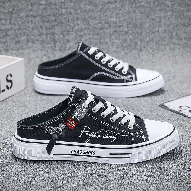 Trend Designers Men's Half Slippers Summer Man Vulcanized Shoes Non Slip Wear Resistant Canvas Shoes Shallow Mouth Shoes for Men