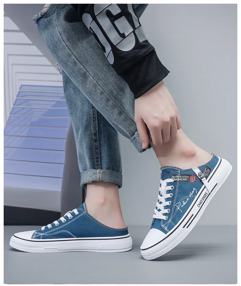 Trend Designers Men's Half Slippers Summer Man Vulcanized Shoes Non Slip Wear Resistant Canvas Shoes Shallow Mouth Shoes for Men