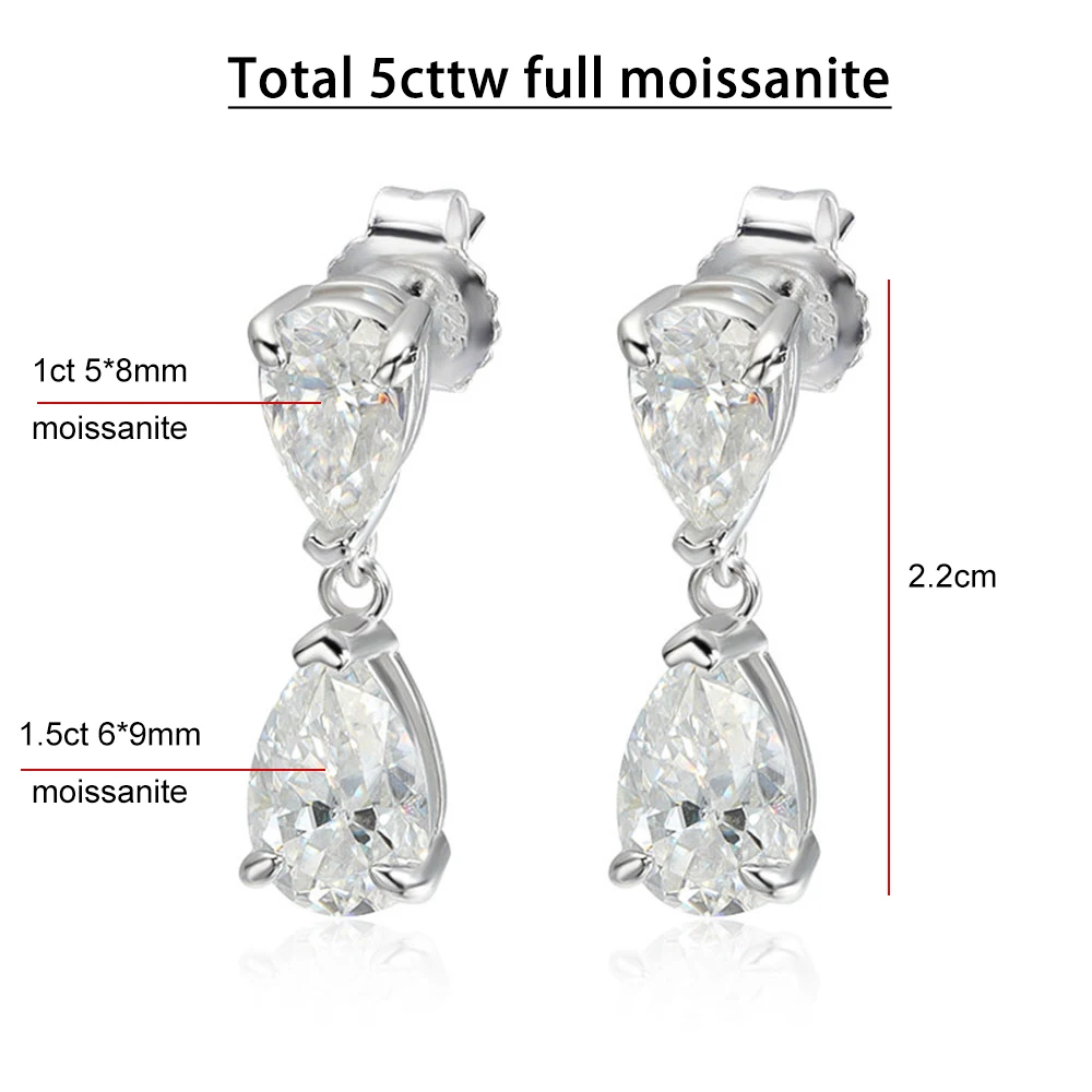 GRA Certified 5cttw Waterdrop Moissanite Drop Earrings for Women 925 Sterling Silver Pear Cut Diamond Stud Earring Bride Jewelry