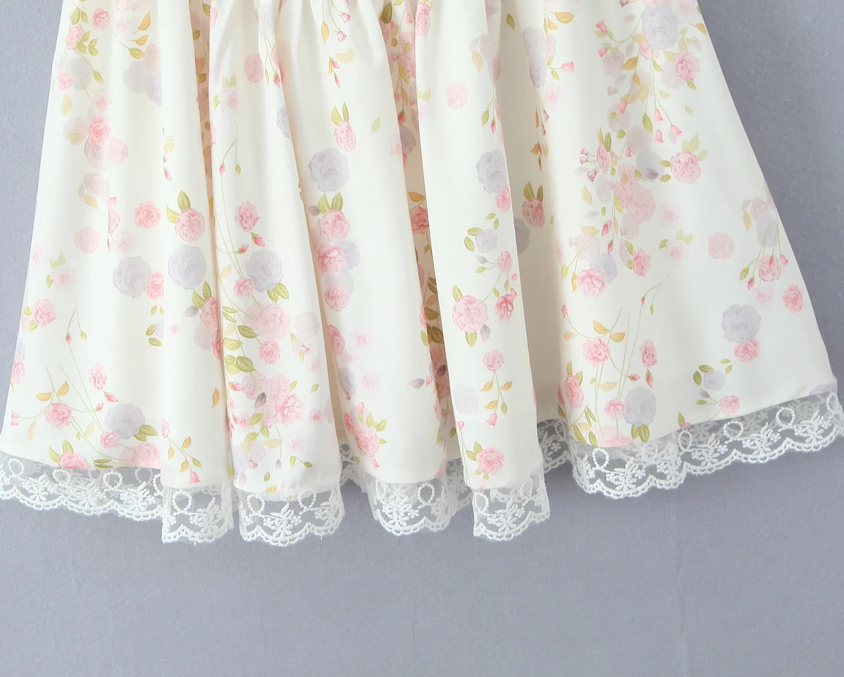 YENKYE Sexy Elegant Women Lace Patchwork Floral Print Sling Mini Dress Low Waist A-line Summer Holiday Party Dresses Pretty Robe