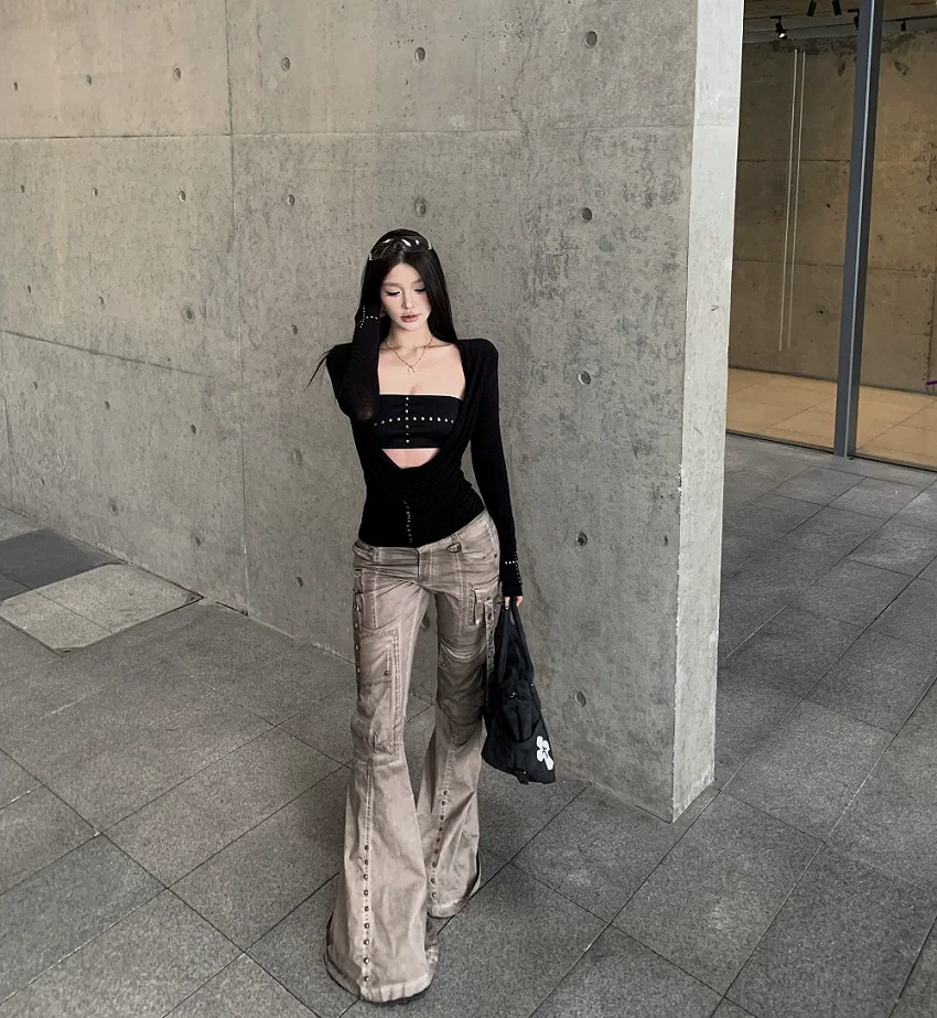 Tonngirls Y2k Punk Two Pieces Tops Irreugal Rivet Tops + Sleeveless Tank Streetwear Americal Retro 90s Black Tee Tops E-girls