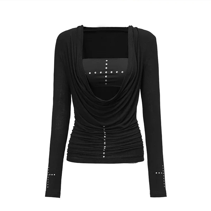 Tonngirls Y2k Punk Two Pieces Tops Irreugal Rivet Tops + Sleeveless Tank Streetwear Americal Retro 90s Black Tee Tops E-girls