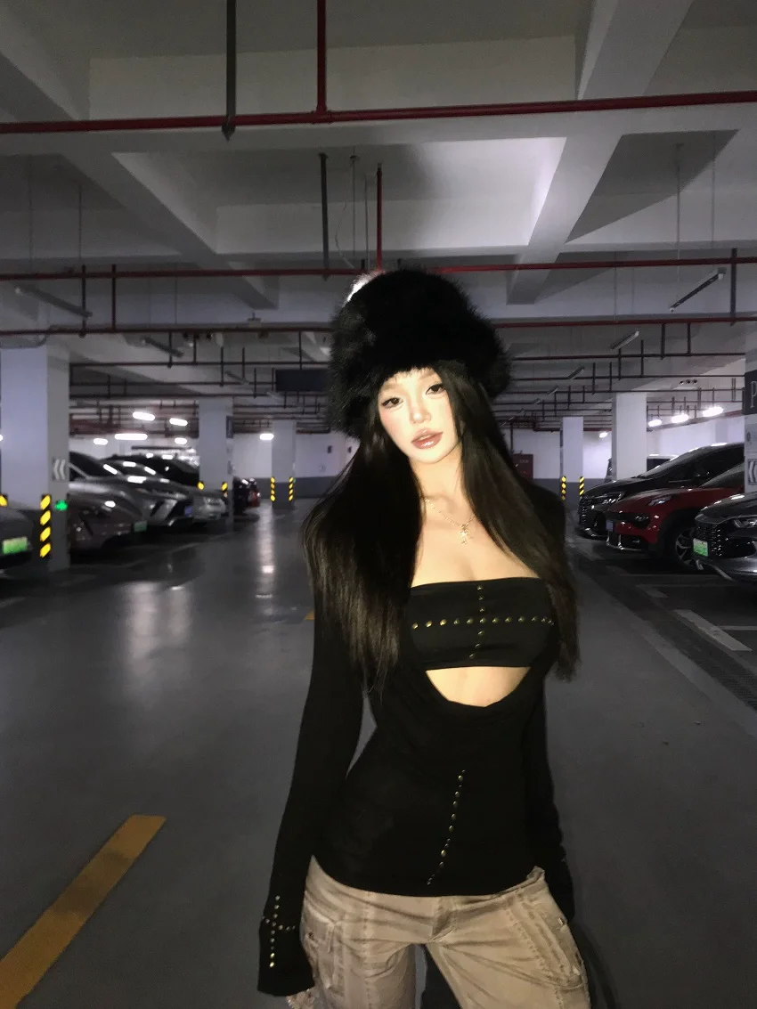 Tonngirls Y2k Punk Two Pieces Tops Irreugal Rivet Tops + Sleeveless Tank Streetwear Americal Retro 90s Black Tee Tops E-girls