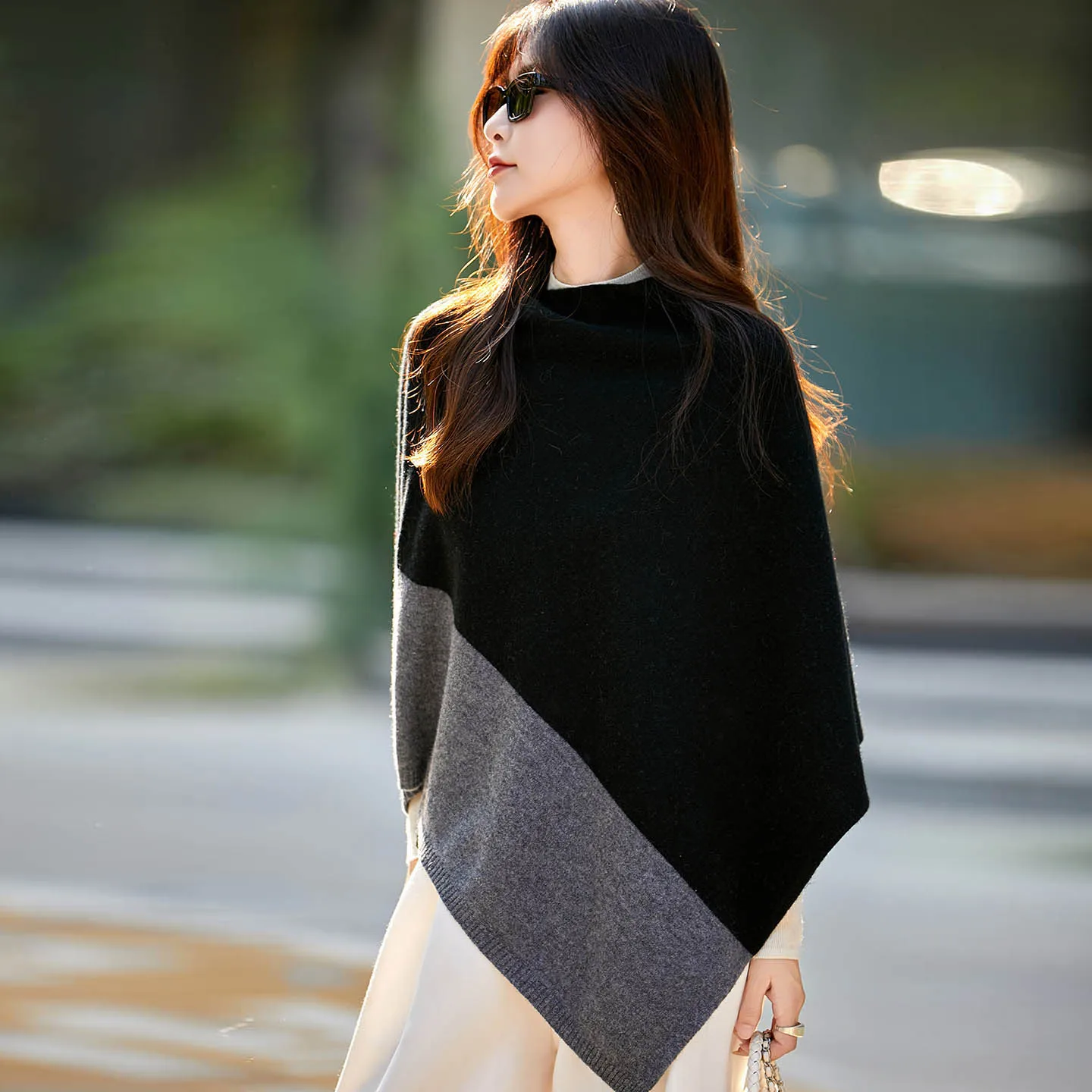 Women 100% Merino Wool Cloak Pullover Shawl Grace Simple Style Office Lady Mid Long Contrasting Cloak Autumn Winter Cashmere Top