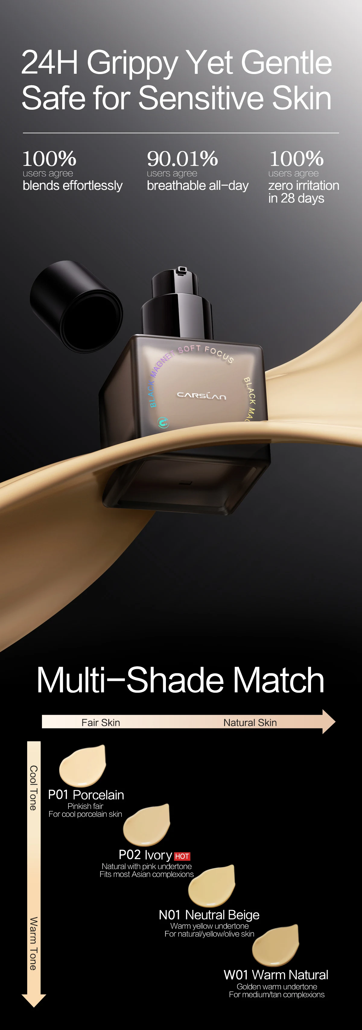 CARSLAN Black Magnet Soft Focus Liquid Foundation Matte Blurring Pores Flawless Finish Oil Control 24H Longlasting Face Makeup