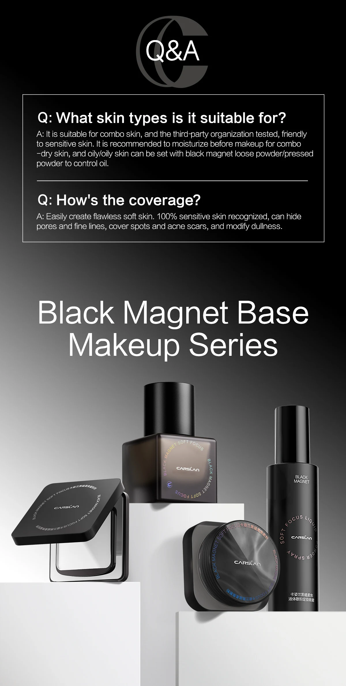 CARSLAN Black Magnet Soft Focus Liquid Foundation Matte Blurring Pores Flawless Finish Oil Control 24H Longlasting Face Makeup