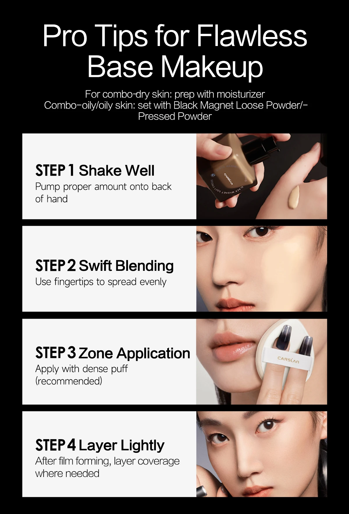 CARSLAN Black Magnet Soft Focus Liquid Foundation Matte Blurring Pores Flawless Finish Oil Control 24H Longlasting Face Makeup