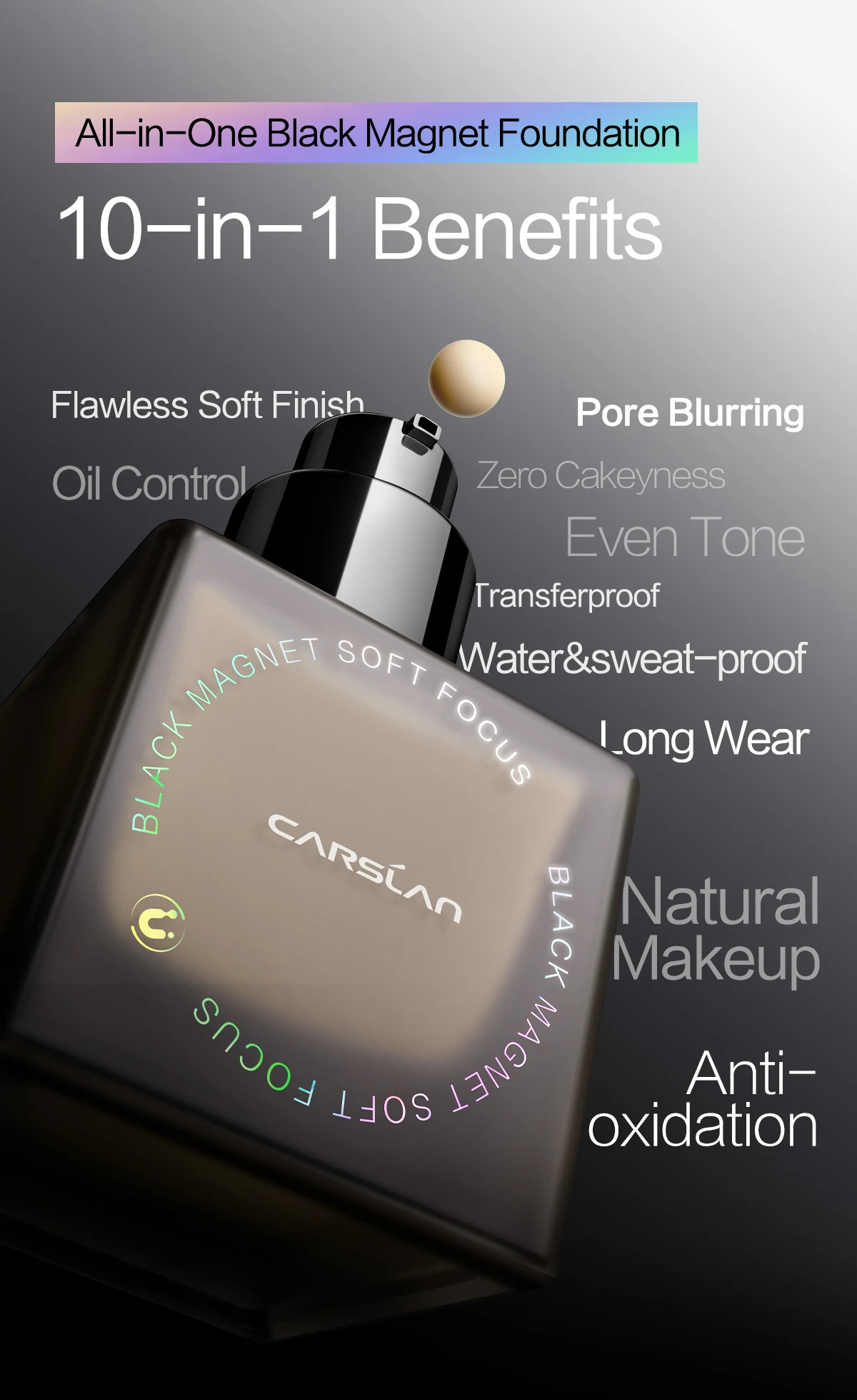 CARSLAN Black Magnet Soft Focus Liquid Foundation Matte Blurring Pores Flawless Finish Oil Control 24H Longlasting Face Makeup