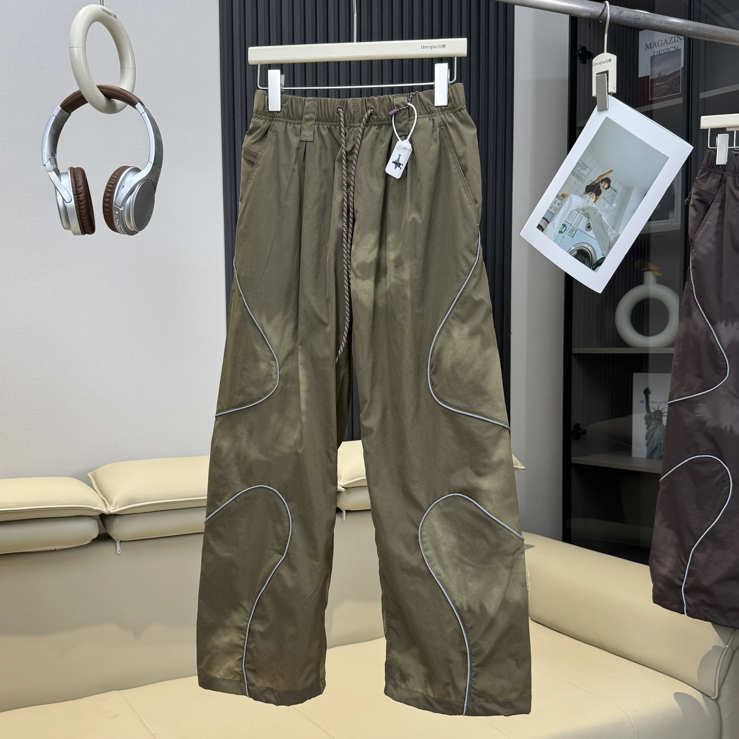 Men Outdoor Lightweight Functional Reflective Stripe Quick Dry Ultra Loose Casual Cargo Pants Women Oversize Baggy Pant Trouser