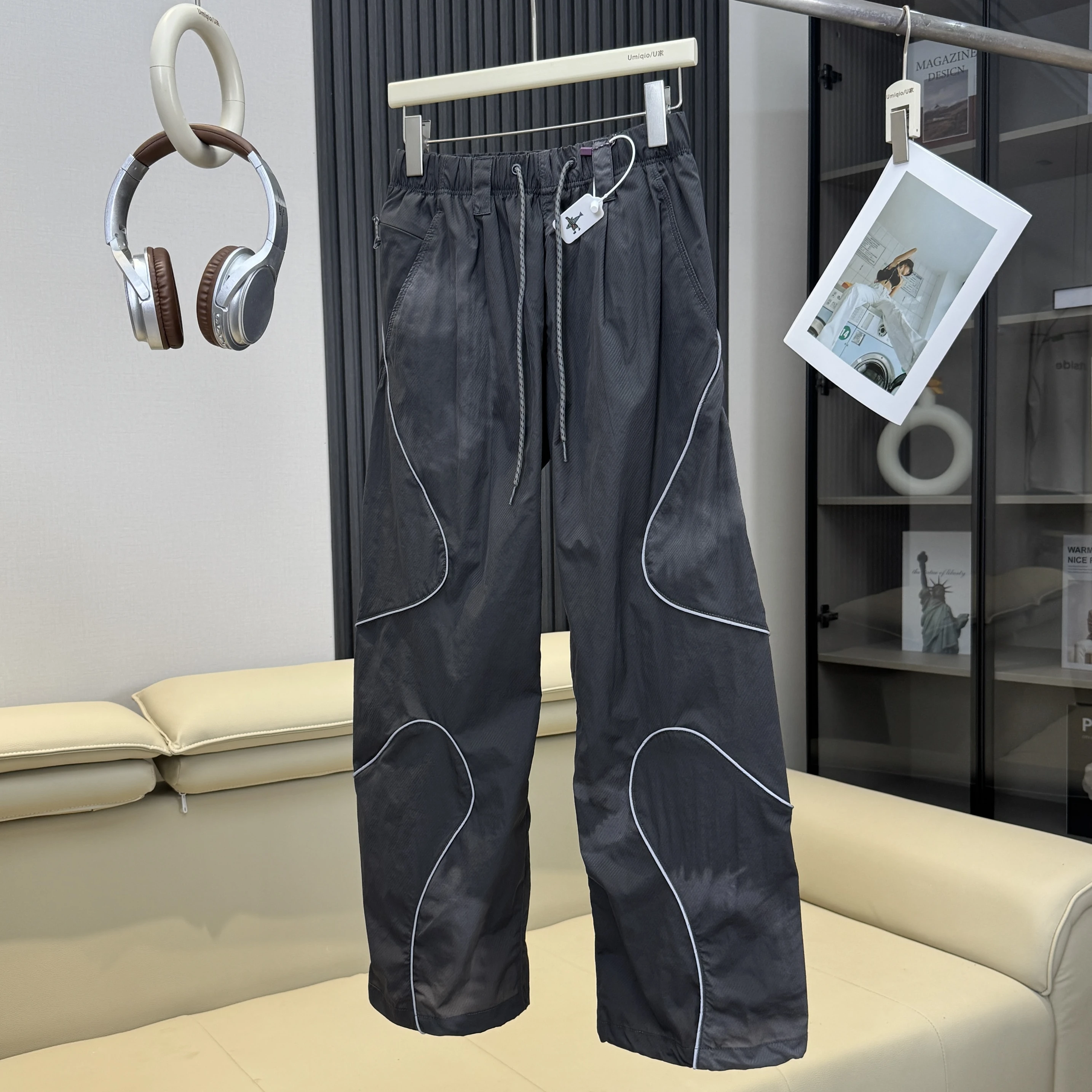 Men Outdoor Lightweight Functional Reflective Stripe Quick Dry Ultra Loose Casual Cargo Pants Women Oversize Baggy Pant Trouser
