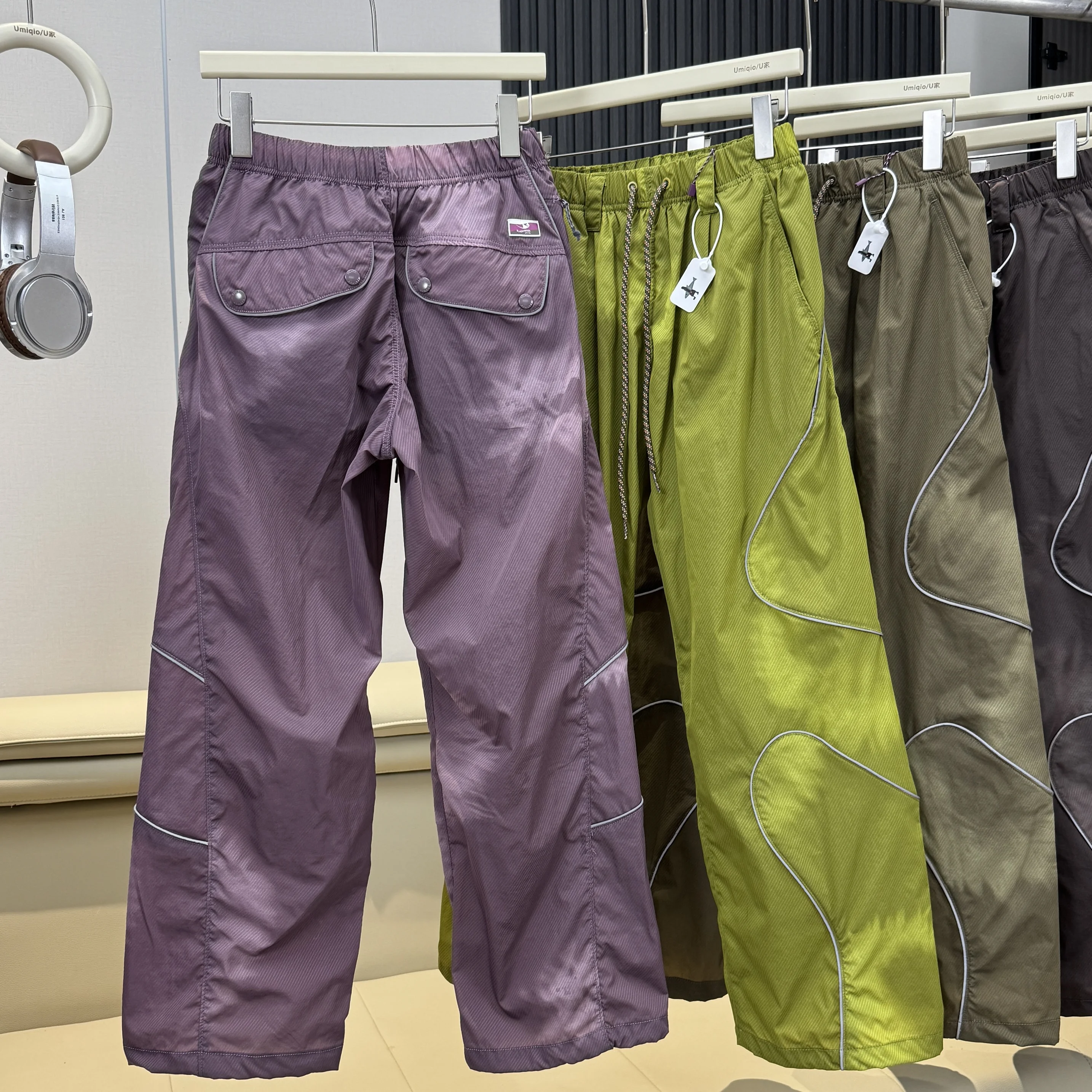 Men Outdoor Lightweight Functional Reflective Stripe Quick Dry Ultra Loose Casual Cargo Pants Women Oversize Baggy Pant Trouser