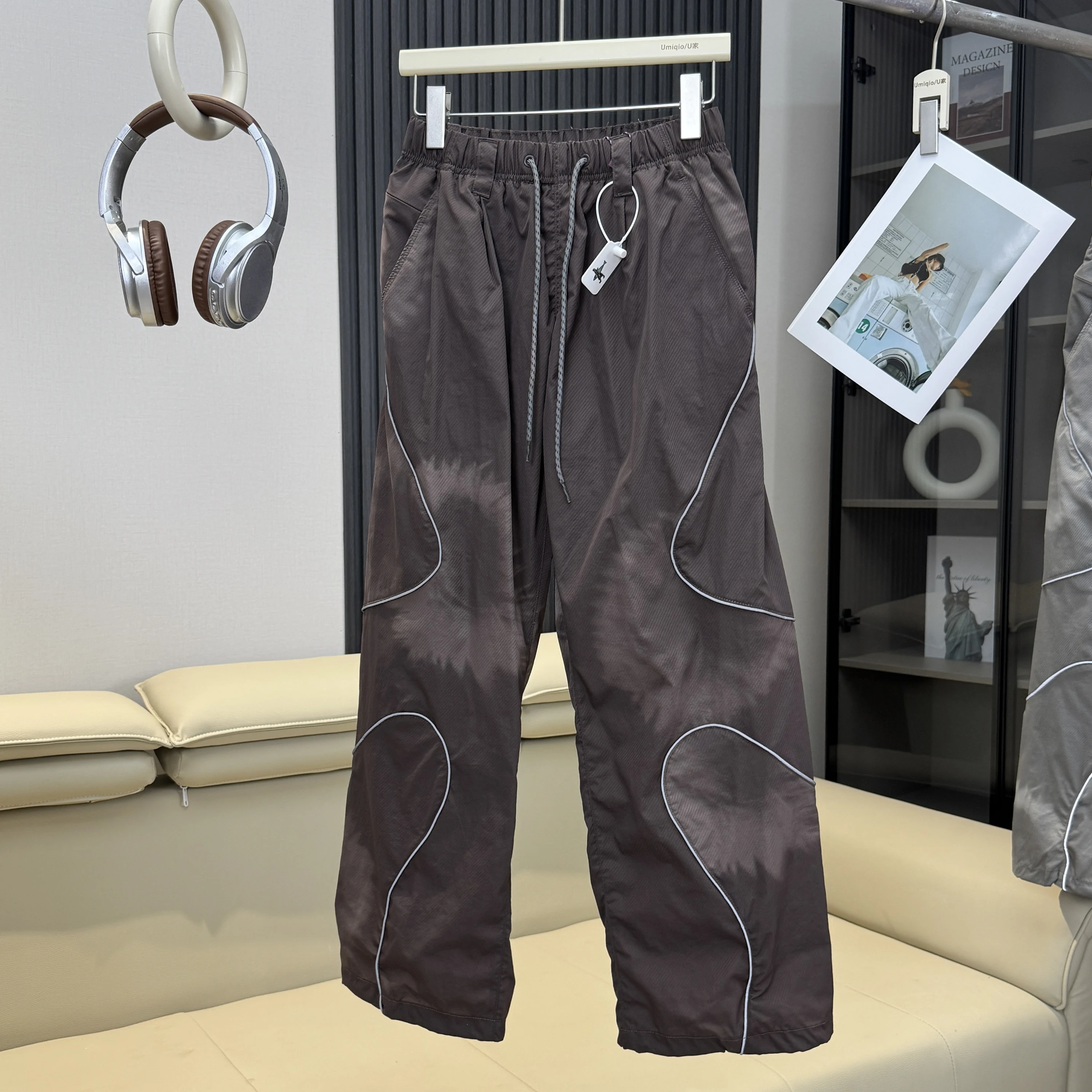 Men Outdoor Lightweight Functional Reflective Stripe Quick Dry Ultra Loose Casual Cargo Pants Women Oversize Baggy Pant Trouser