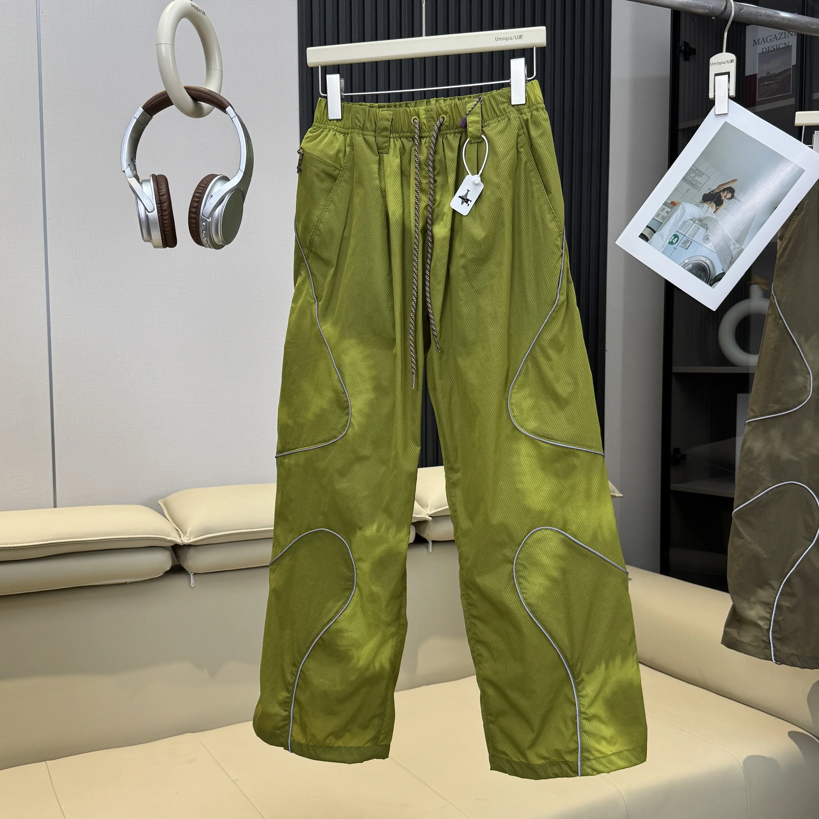 Men Outdoor Lightweight Functional Reflective Stripe Quick Dry Ultra Loose Casual Cargo Pants Women Oversize Baggy Pant Trouser