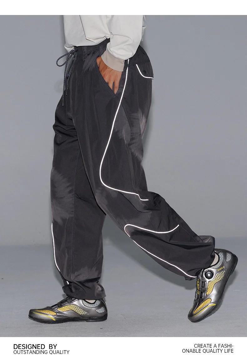 Men Outdoor Lightweight Functional Reflective Stripe Quick Dry Ultra Loose Casual Cargo Pants Women Oversize Baggy Pant Trouser