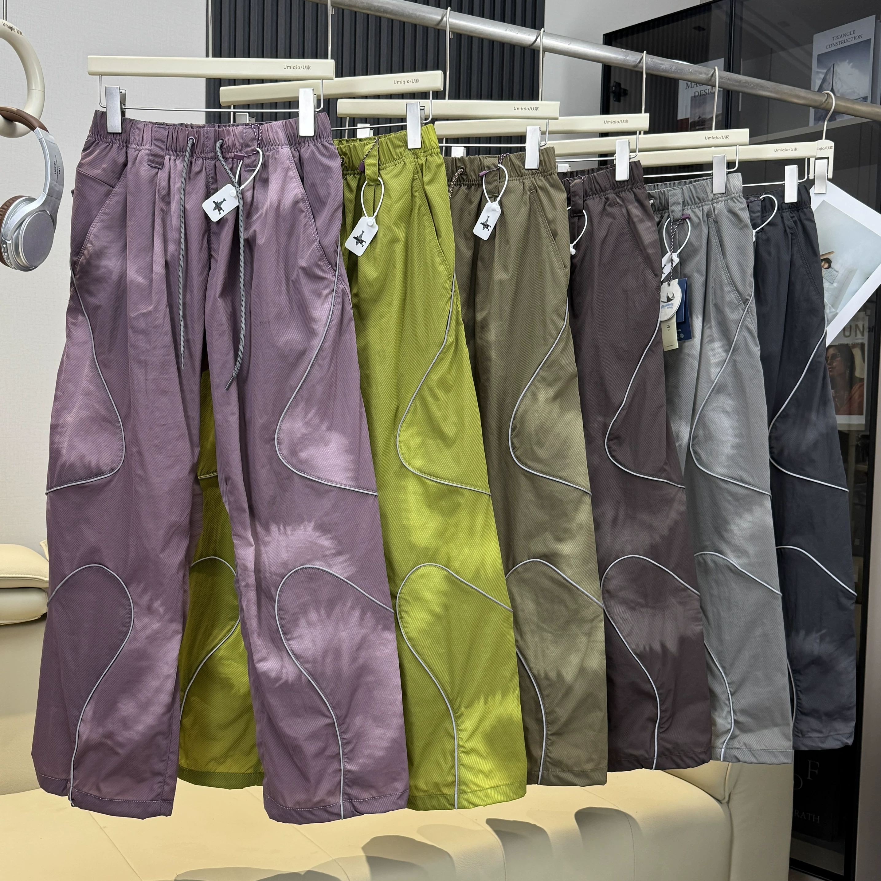 Men Outdoor Lightweight Functional Reflective Stripe Quick Dry Ultra Loose Casual Cargo Pants Women Oversize Baggy Pant Trouser