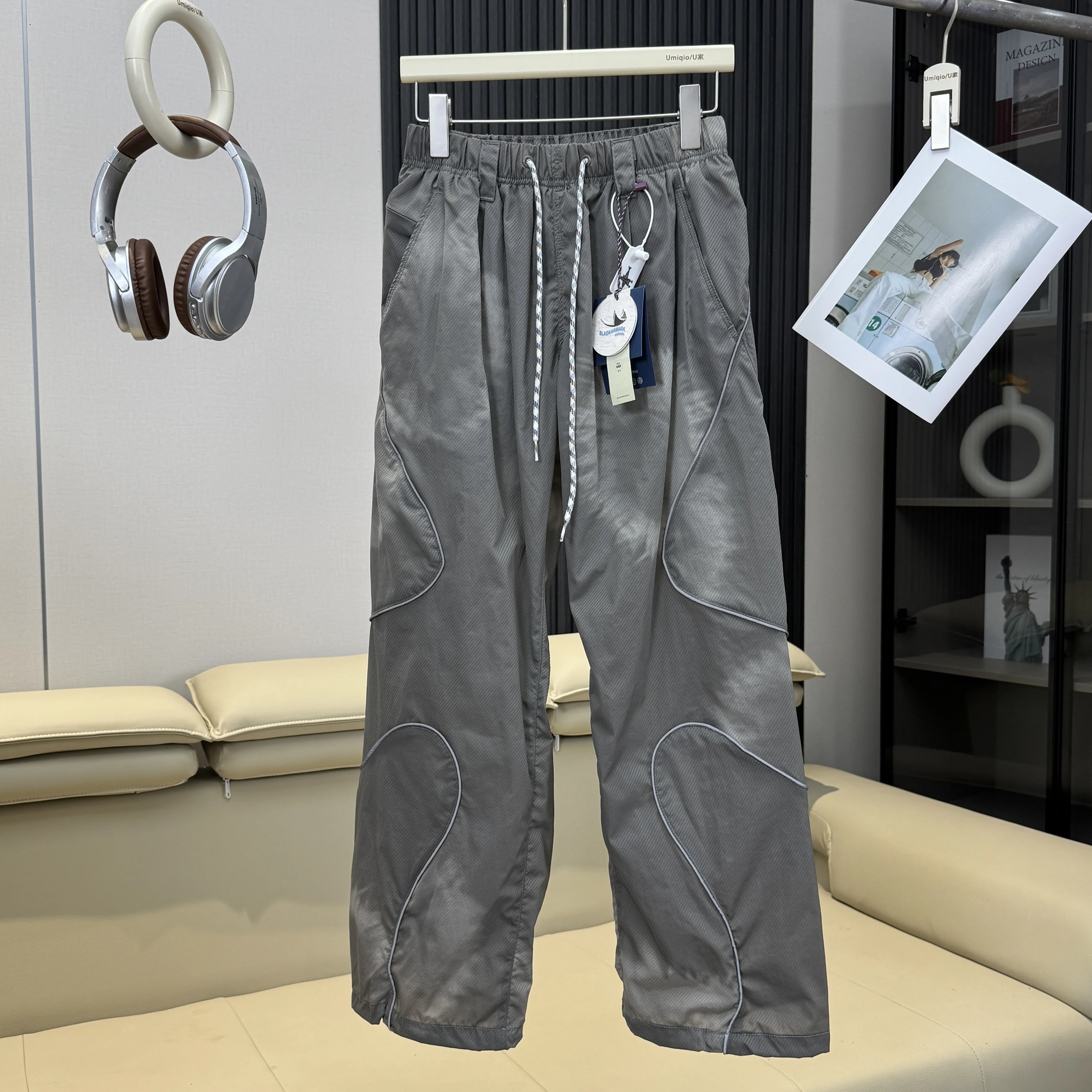 Men Outdoor Lightweight Functional Reflective Stripe Quick Dry Ultra Loose Casual Cargo Pants Women Oversize Baggy Pant Trouser
