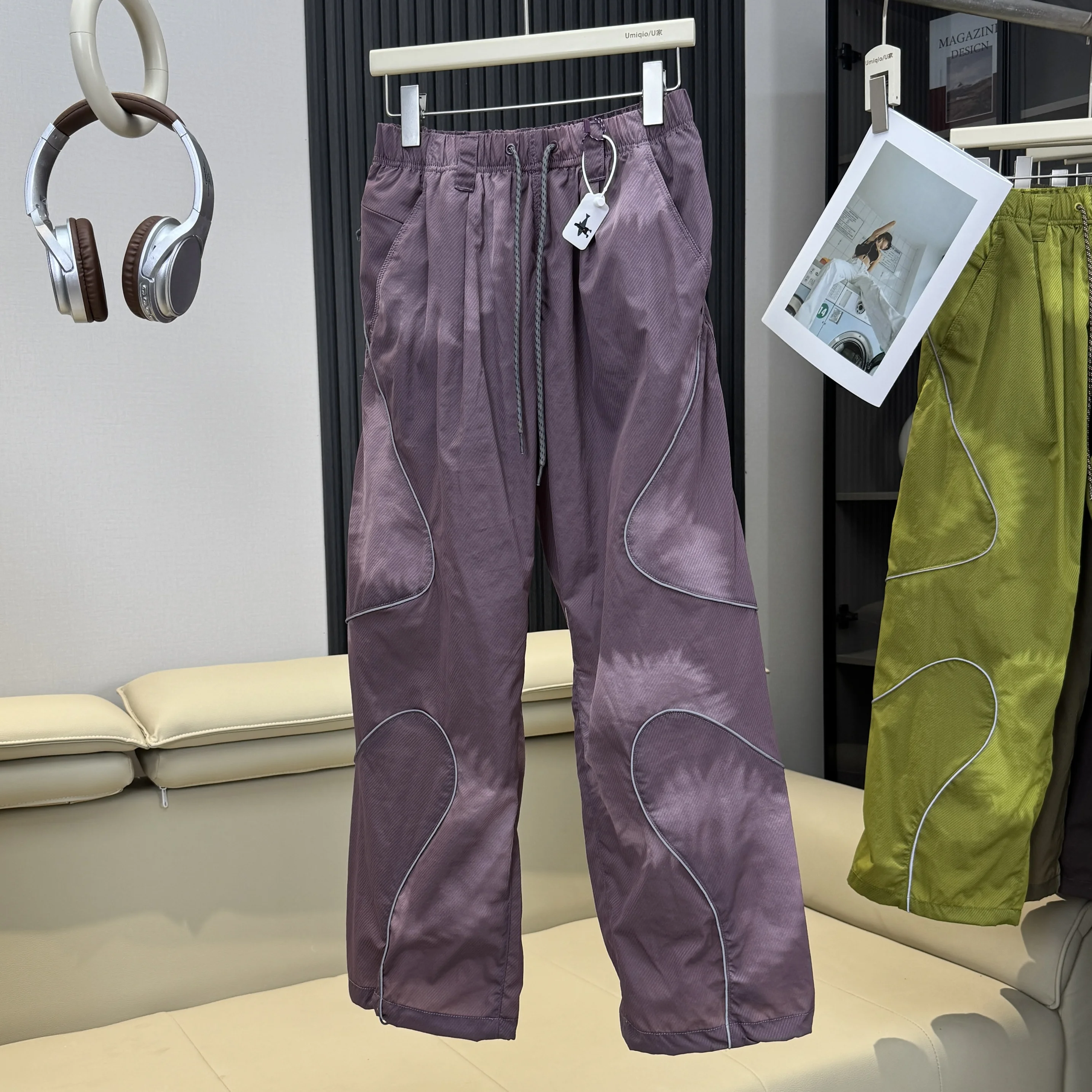 Men Outdoor Lightweight Functional Reflective Stripe Quick Dry Ultra Loose Casual Cargo Pants Women Oversize Baggy Pant Trouser