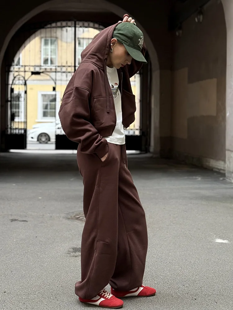 Women Tracksuits Winter Fleece Sweatsuit Brown Warm Crop Zipper Hoodies And Sweatpants Set For Women 2 Piece Velvet Pants Sets