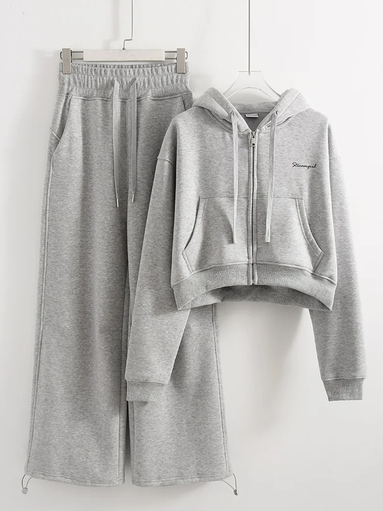 Women Tracksuits Winter Fleece Sweatsuit Brown Warm Crop Zipper Hoodies And Sweatpants Set For Women 2 Piece Velvet Pants Sets