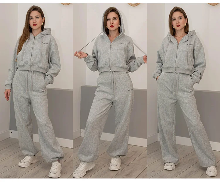 Women Tracksuits Winter Fleece Sweatsuit Brown Warm Crop Zipper Hoodies And Sweatpants Set For Women 2 Piece Velvet Pants Sets