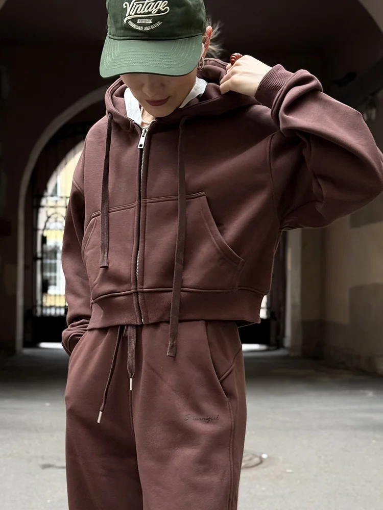 Women Tracksuits Winter Fleece Sweatsuit Brown Warm Crop Zipper Hoodies And Sweatpants Set For Women 2 Piece Velvet Pants Sets