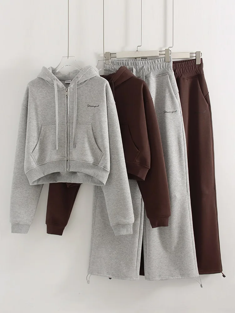 Women Tracksuits Winter Fleece Sweatsuit Brown Warm Crop Zipper Hoodies And Sweatpants Set For Women 2 Piece Velvet Pants Sets