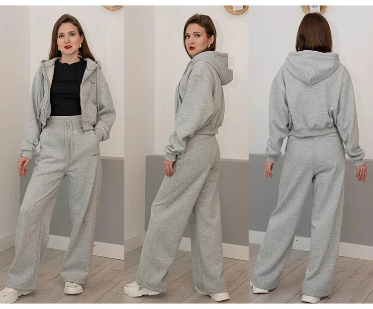 Women Tracksuits Winter Fleece Sweatsuit Brown Warm Crop Zipper Hoodies And Sweatpants Set For Women 2 Piece Velvet Pants Sets