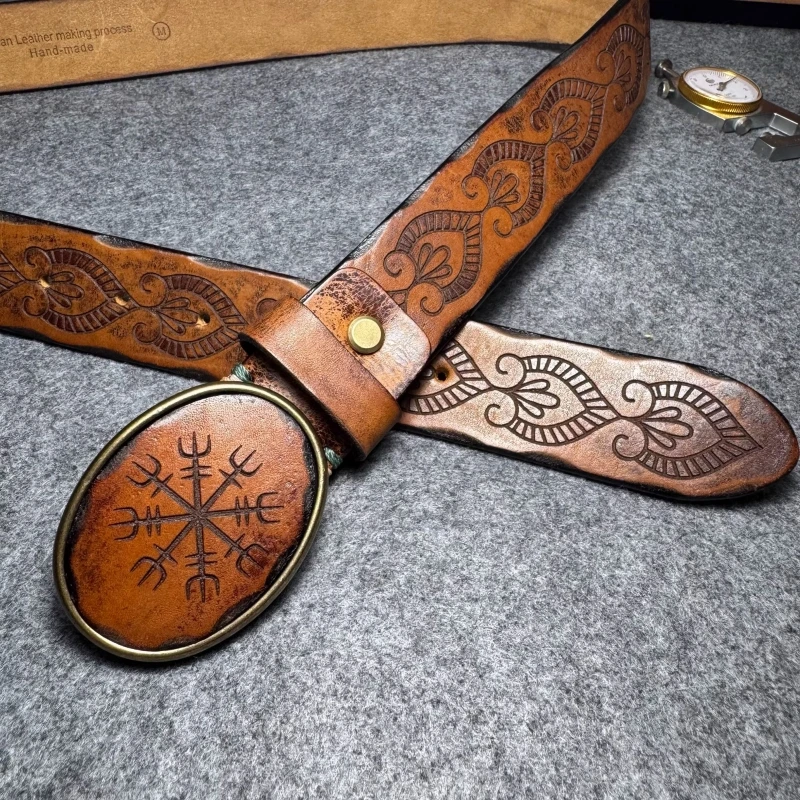 Genuine Leather Tough Guy Men's Belt Luxury Designer Strap Thick Cowhide Pure Copper Buckle Lucky Totem Classic Retro Jeans Belt