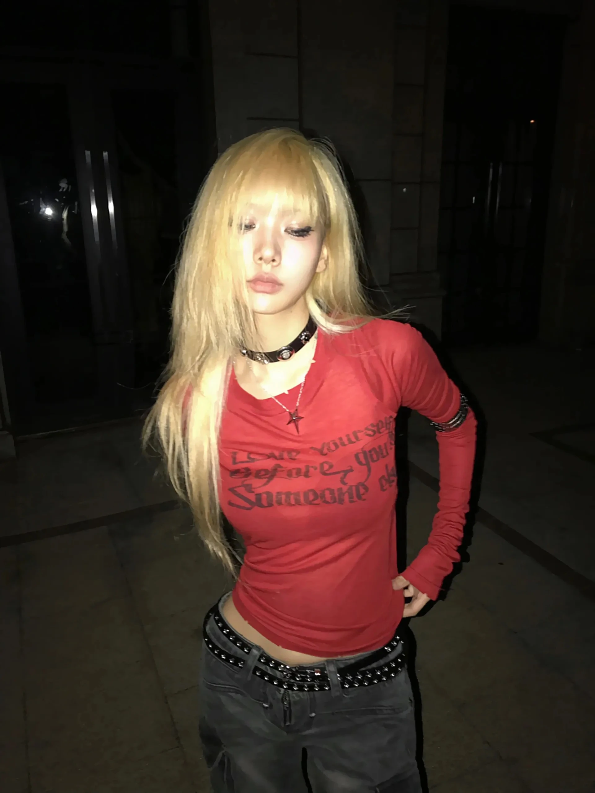 Karrcat Grunge Aesthetics Letter Print T-shirt Trashy 2000s Style Long Sleeve Red T Shirt Japanese Y2k Distressed Tops American