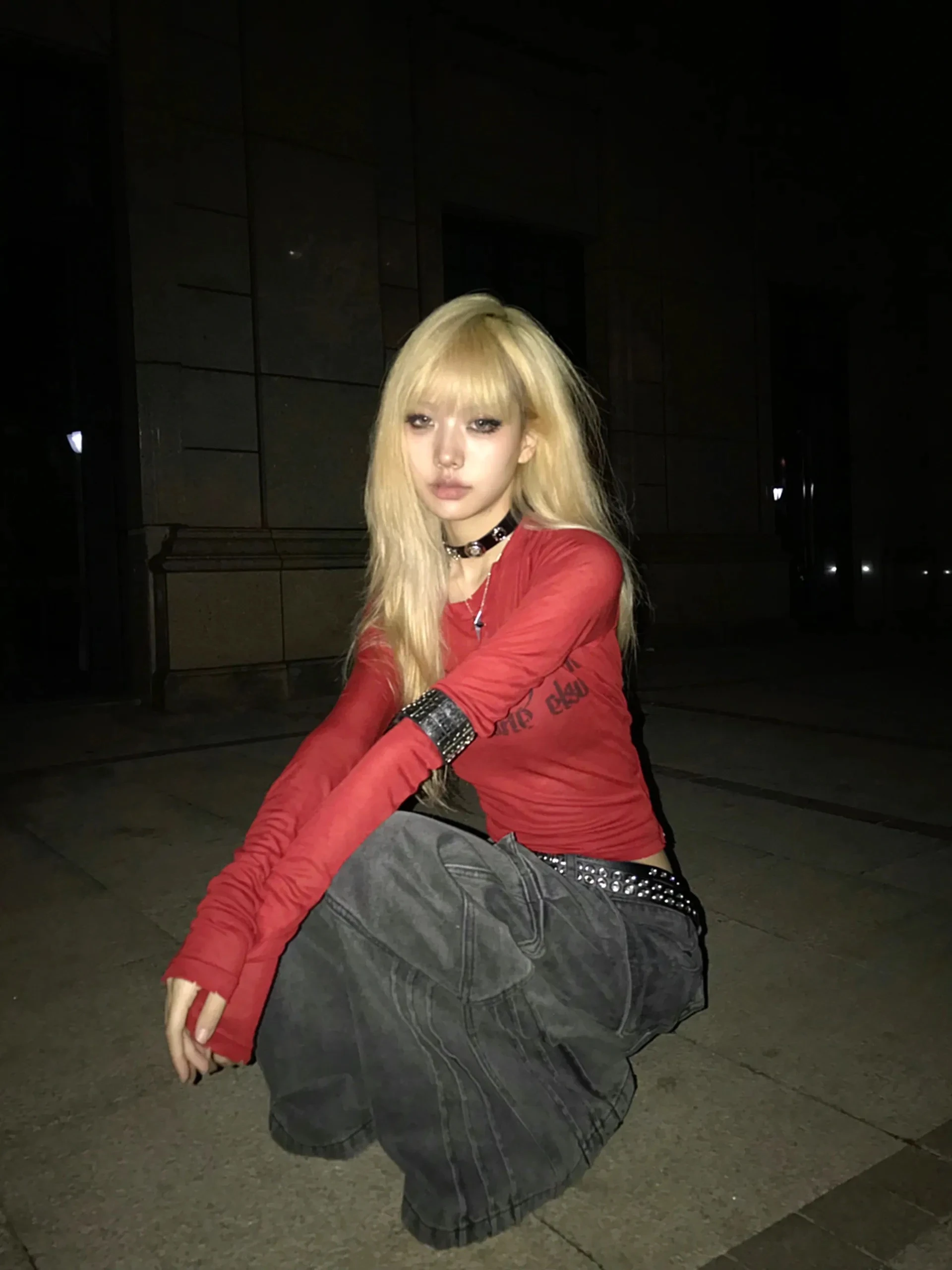 Karrcat Grunge Aesthetics Letter Print T-shirt Trashy 2000s Style Long Sleeve Red T Shirt Japanese Y2k Distressed Tops American
