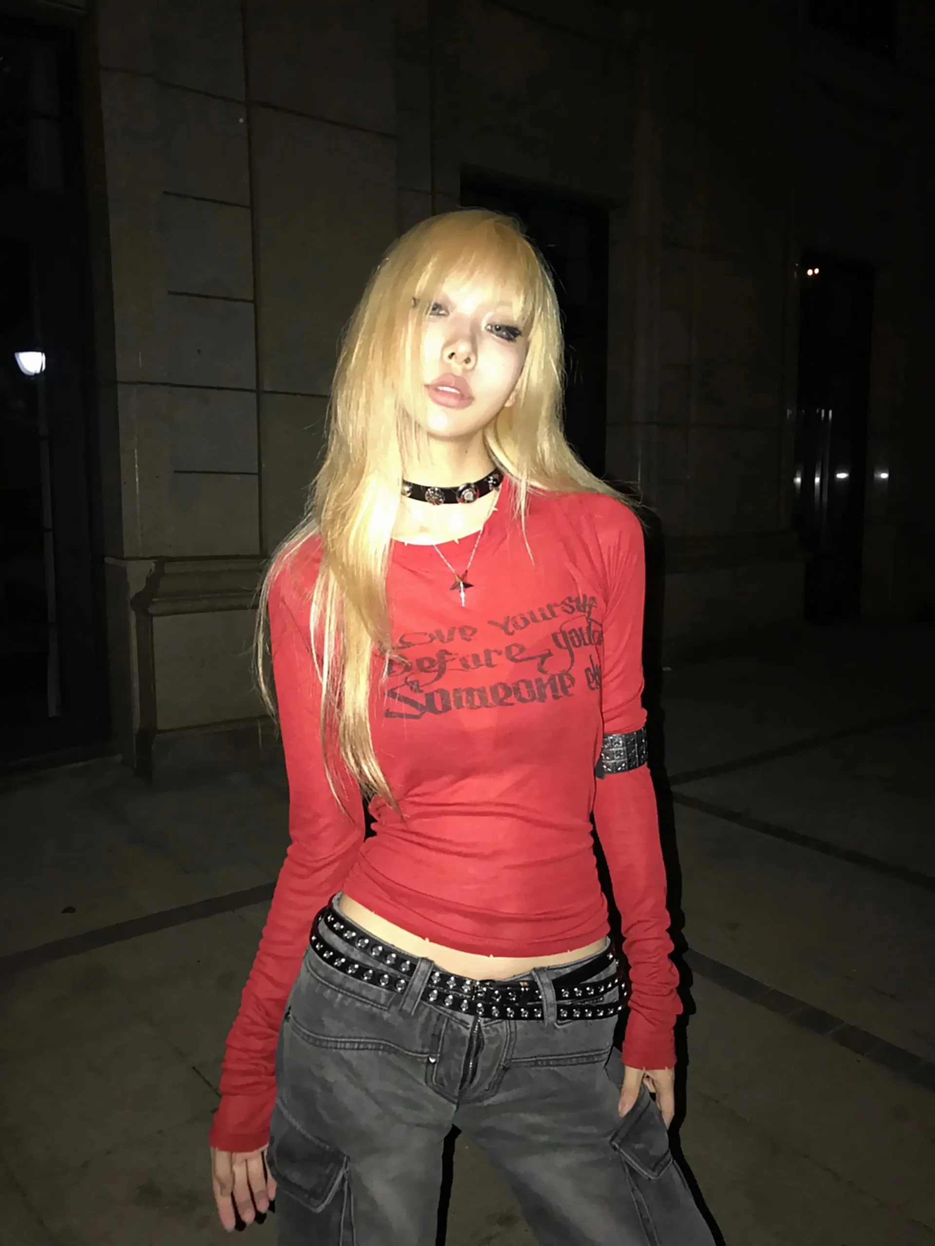 Karrcat Grunge Aesthetics Letter Print T-shirt Trashy 2000s Style Long Sleeve Red T Shirt Japanese Y2k Distressed Tops American