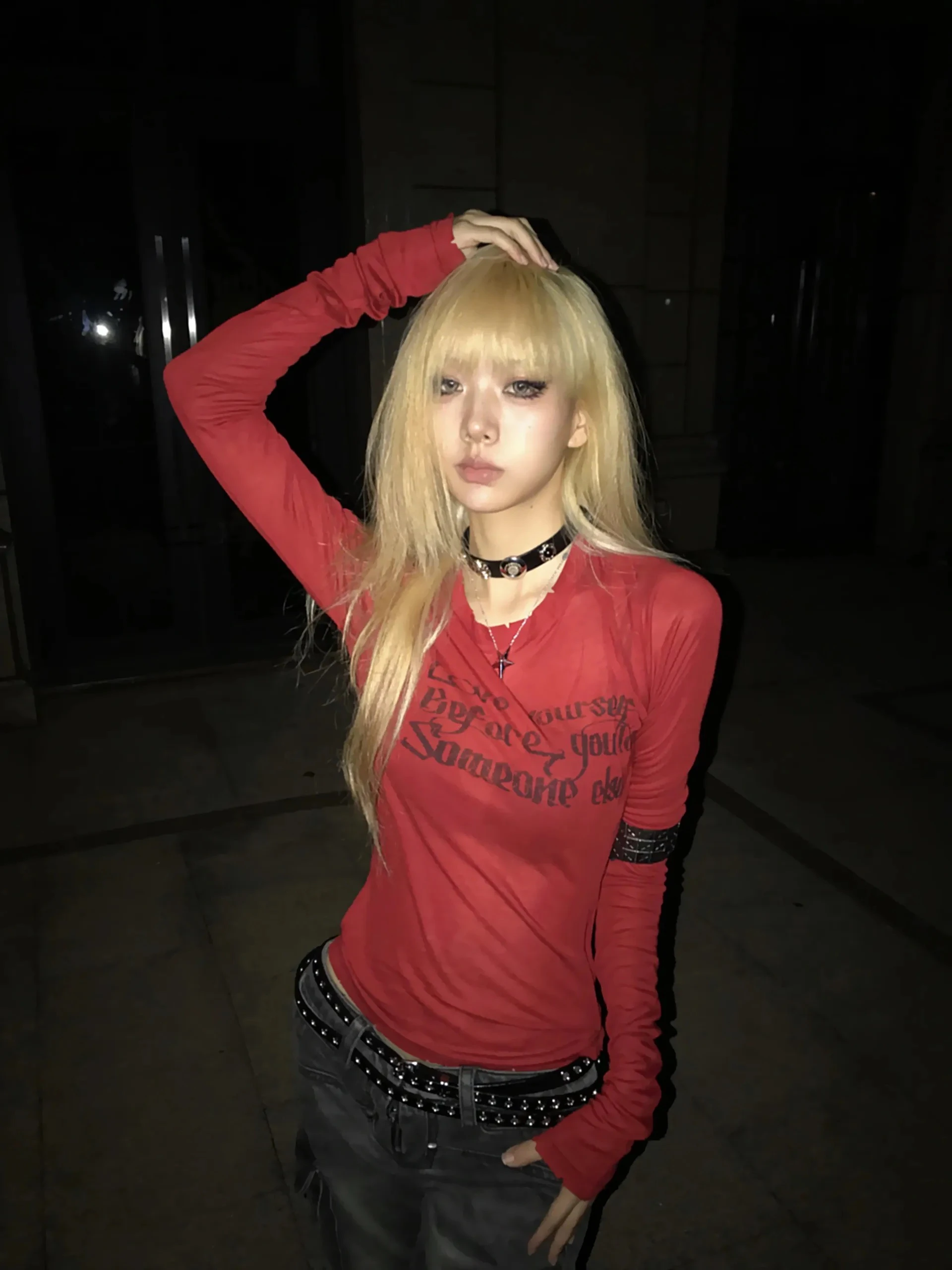 Karrcat Grunge Aesthetics Letter Print T-shirt Trashy 2000s Style Long Sleeve Red T Shirt Japanese Y2k Distressed Tops American