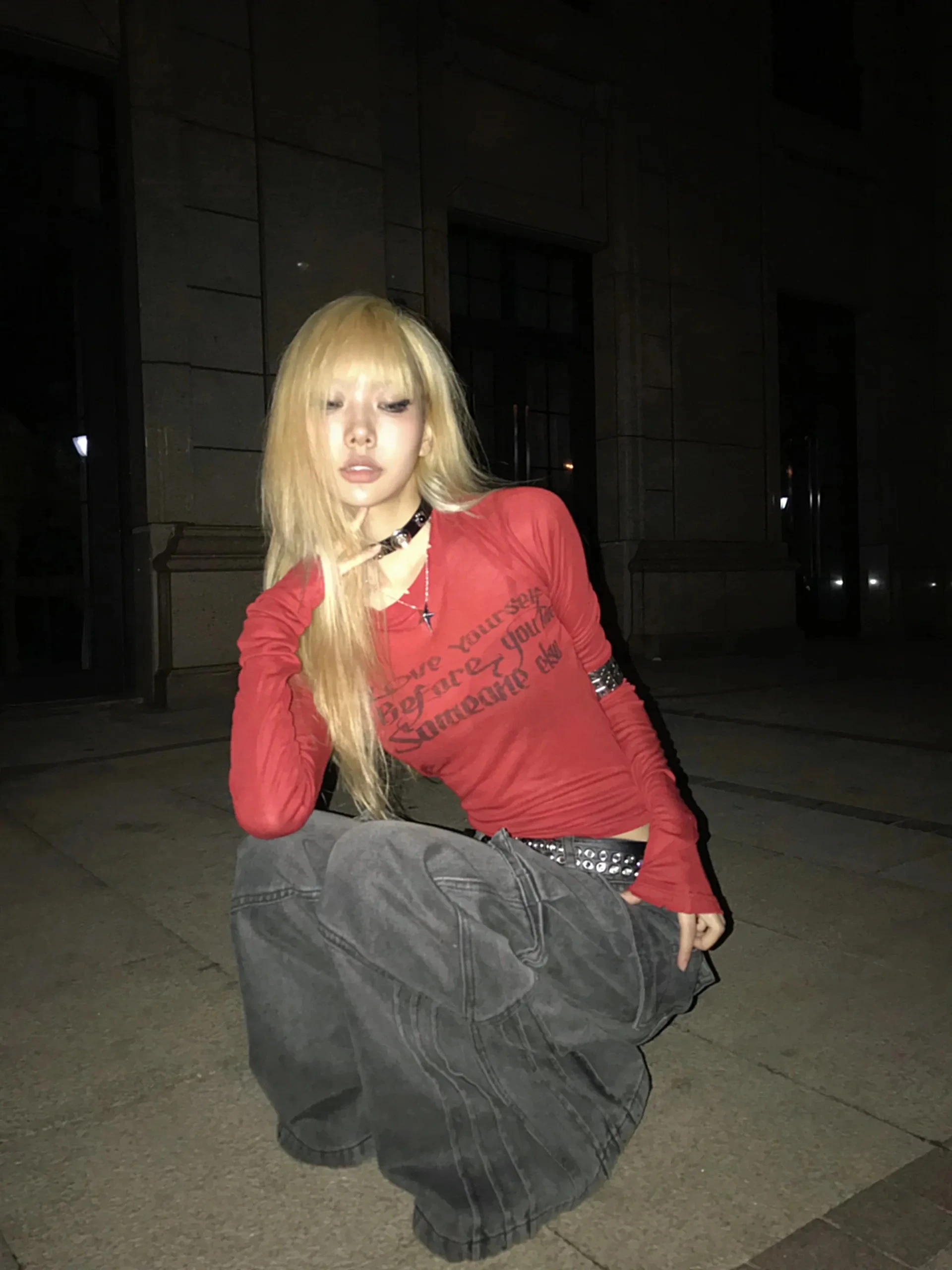 Karrcat Grunge Aesthetics Letter Print T-shirt Trashy 2000s Style Long Sleeve Red T Shirt Japanese Y2k Distressed Tops American