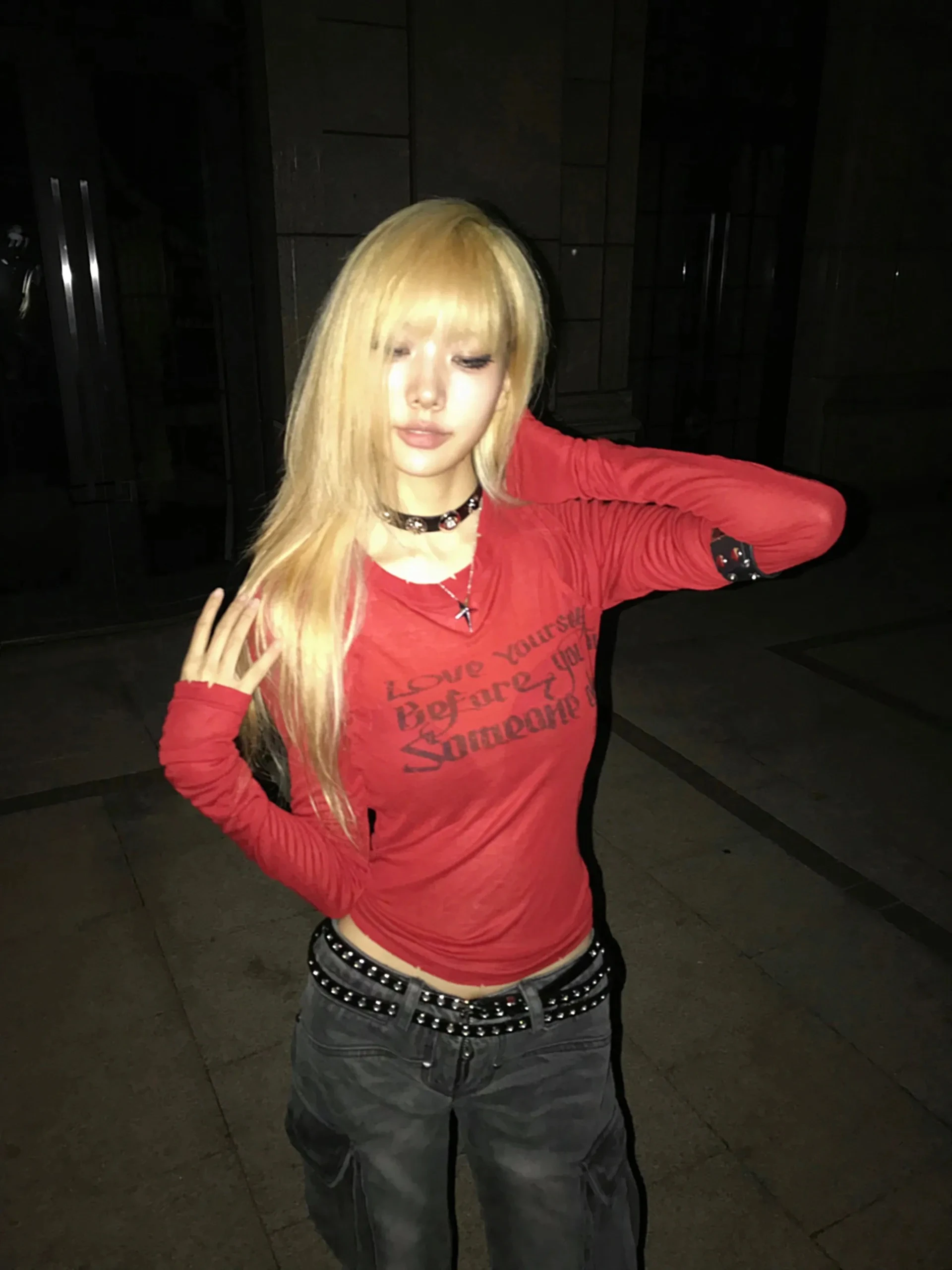 Karrcat Grunge Aesthetics Letter Print T-shirt Trashy 2000s Style Long Sleeve Red T Shirt Japanese Y2k Distressed Tops American