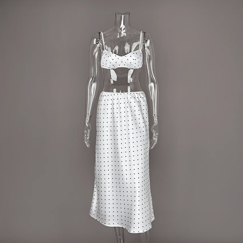 Linad Sexy Polka Dot Crop Top Camisole Long Skirts Suits Casual Spaghetti Strap Vest With High Waist Zipper Skirt Two Piece Sets