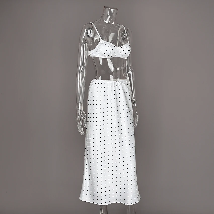 Linad Sexy Polka Dot Crop Top Camisole Long Skirts Suits Casual Spaghetti Strap Vest With High Waist Zipper Skirt Two Piece Sets