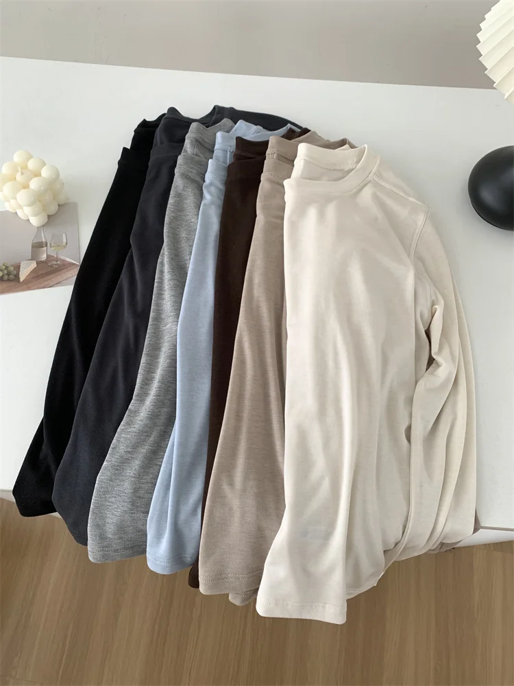 Silk Wool Splice Long Sleeve T-shirt Women Spring Summer Thin Soft Waxy Fit Solid Color Backing Top