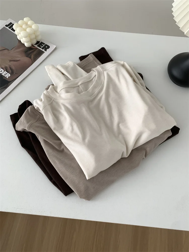 Silk Wool Splice Long Sleeve T-shirt Women Spring Summer Thin Soft Waxy Fit Solid Color Backing Top