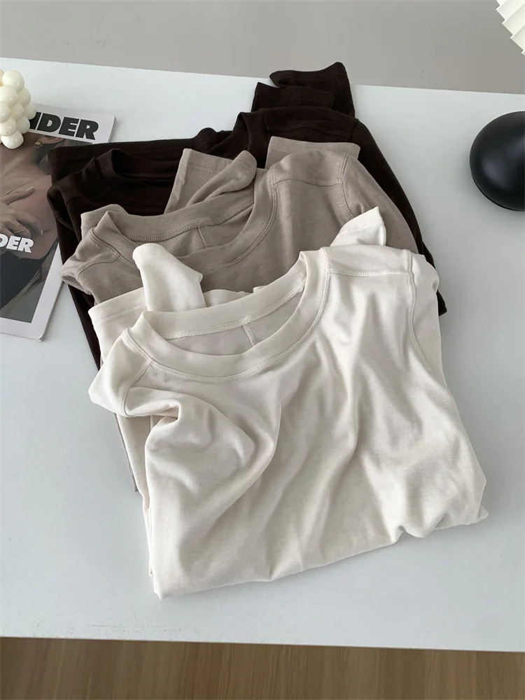 Silk Wool Splice Long Sleeve T-shirt Women Spring Summer Thin Soft Waxy Fit Solid Color Backing Top
