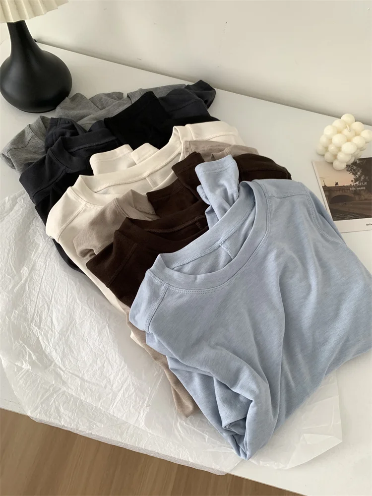 Silk Wool Splice Long Sleeve T-shirt Women Spring Summer Thin Soft Waxy Fit Solid Color Backing Top