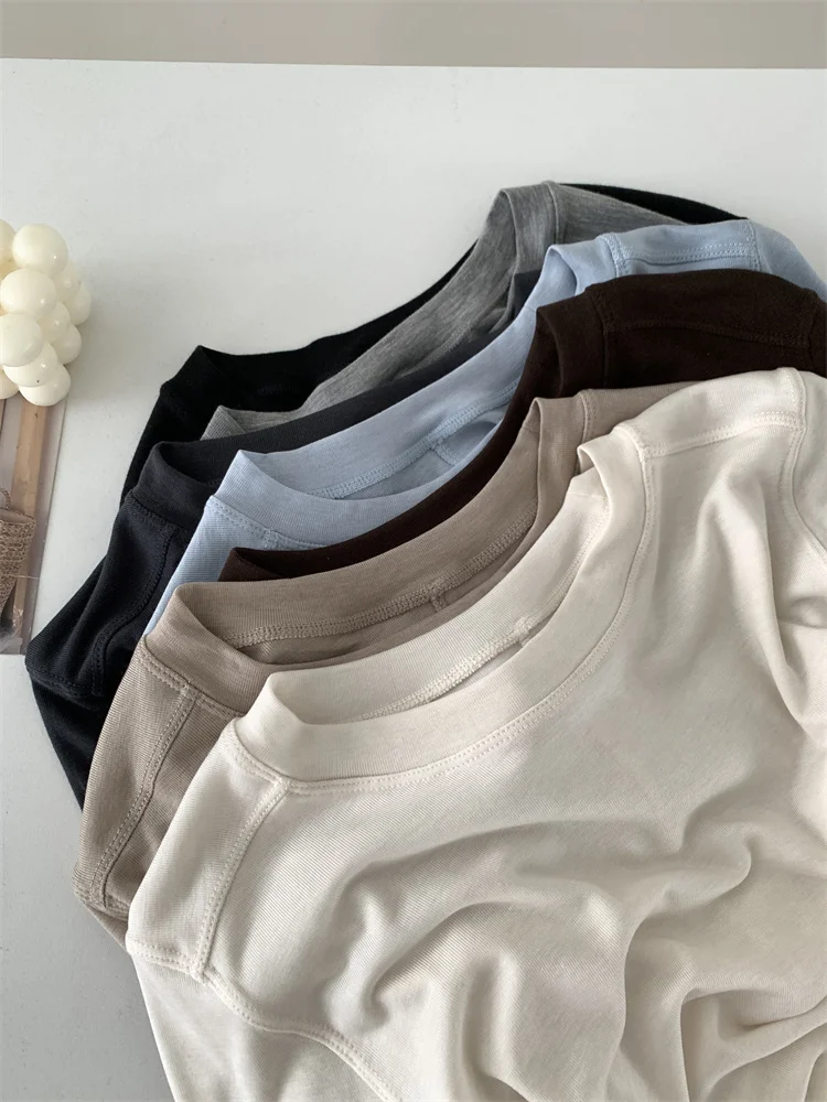 Silk Wool Splice Long Sleeve T-shirt Women Spring Summer Thin Soft Waxy Fit Solid Color Backing Top